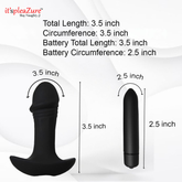 Black toy with measurements on a white background